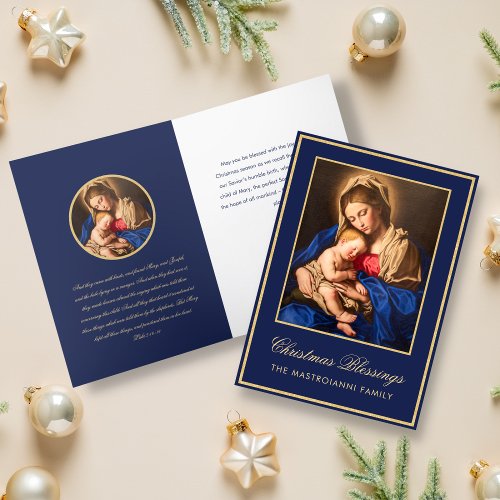 Religious Blue Gold Madonna  Child Christmas Holiday Card