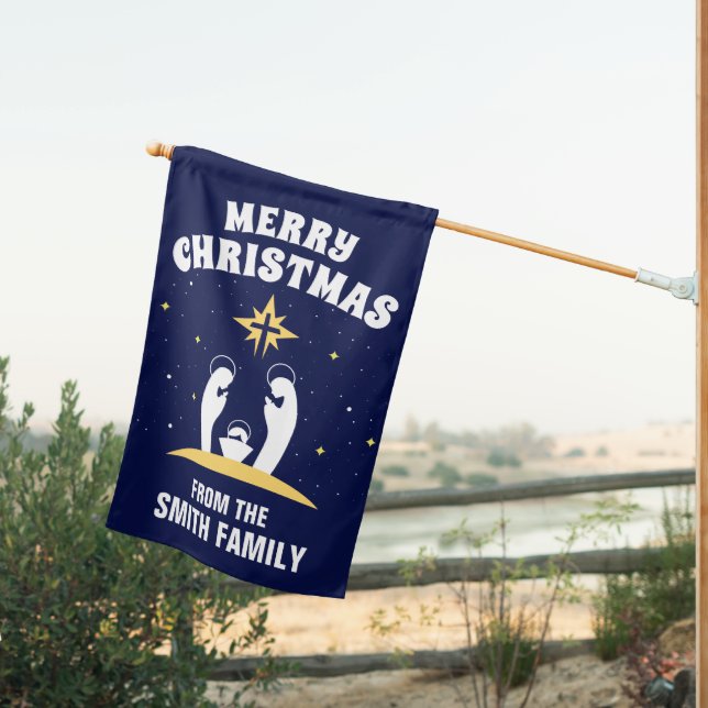 Religious Blue Merry Christmas House Flag (Insitu (Back))