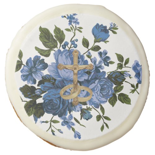 Religious Blue Roses Floral Gold Crucifix Classic  Sugar Cookie