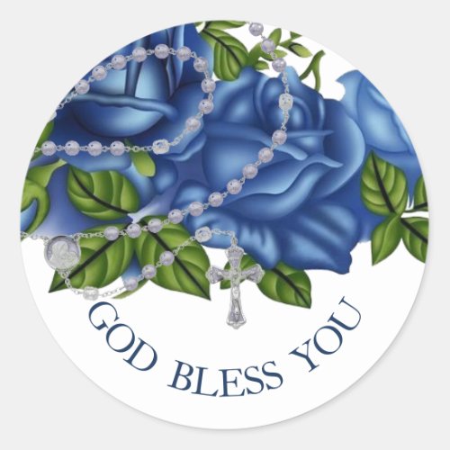 Religious Blue Roses Rosary Elegant Cross  Classic Round Sticker