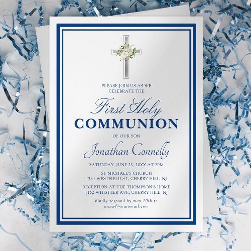 Religious Boy Silver Blue First Holy Communion Invitation