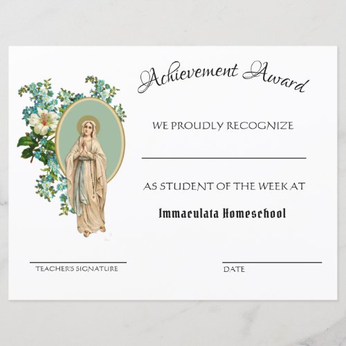 Religious Catholic Achievement School Certificate