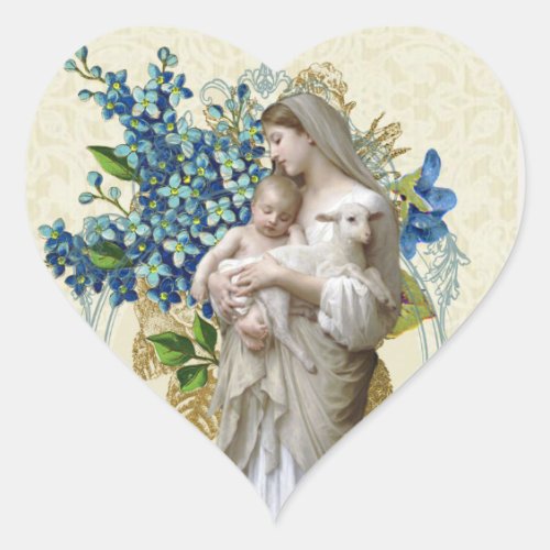 Religious Catholic Blessed Virgin Mary Jesus Flora Heart Sticker