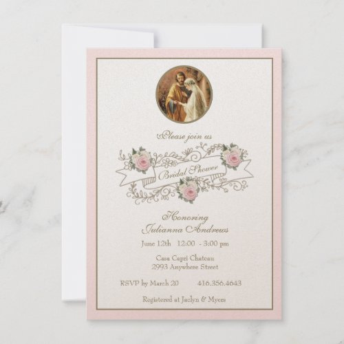Religious Catholic Bridal Shower Pink Floral Gold  Invitation