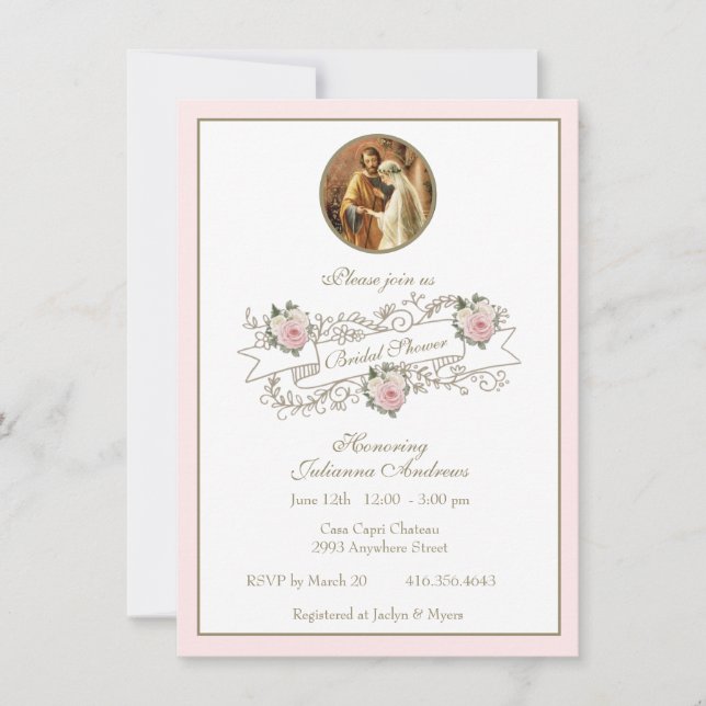 Religious Catholic Bridal Shower Pink Floral Gold Invitation (Front)