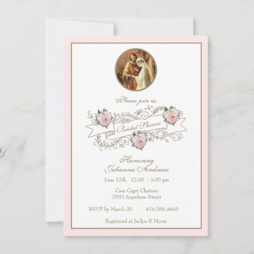 Religious Catholic Bridal Shower Pink Floral Gold Invitation