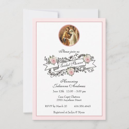 Religious Catholic Bridal Shower Pink Floral Invit Invitation