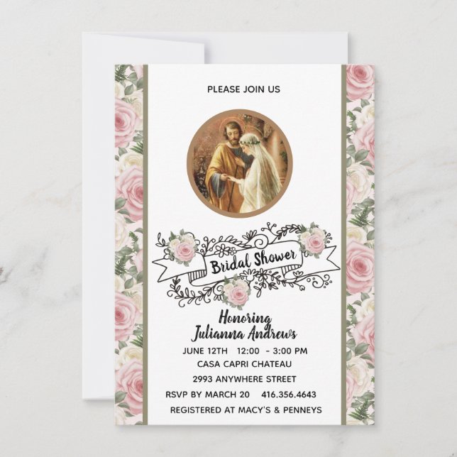 Religious Catholic Bridal Shower Pink Roses  Invitation (Front)