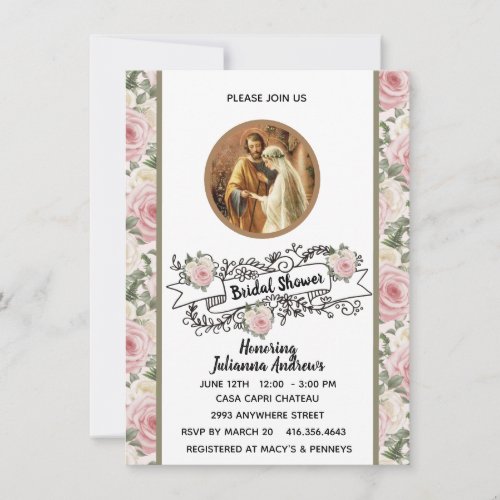 Religious Catholic Bridal Shower Pink Roses  Invitation