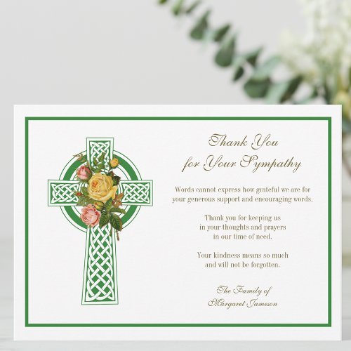 Religious Catholic Celtic Cross Roses Condolence Thank You Card