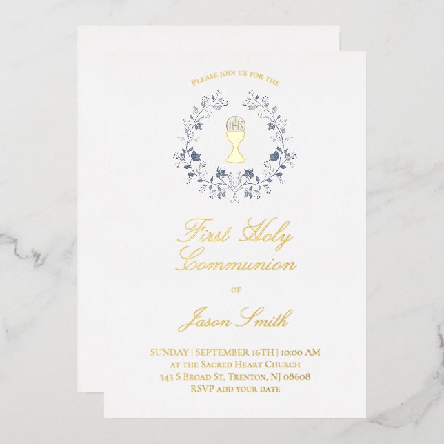 religious Catholic First Holy Communion Foil Invitation (Front/Back)