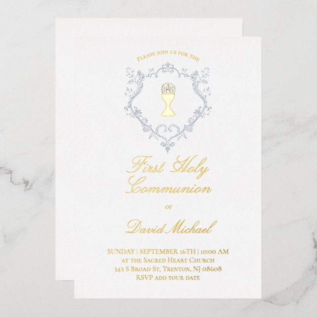 religious Catholic First Holy Communion Foil Invitation (Front/Back)