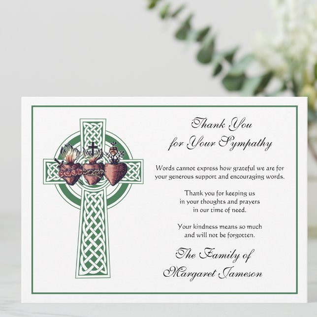 Religious Catholic Irish Celtic Cross Condolence  Thank You Card (Irish Celtic Cross with the Three Hearts of Jesus, Mary, and Joseph Funeral Thank You Cards
)