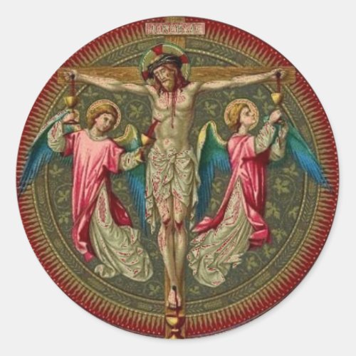 Religious Catholic Jesus Crucifixion Angels Classic Round Sticker