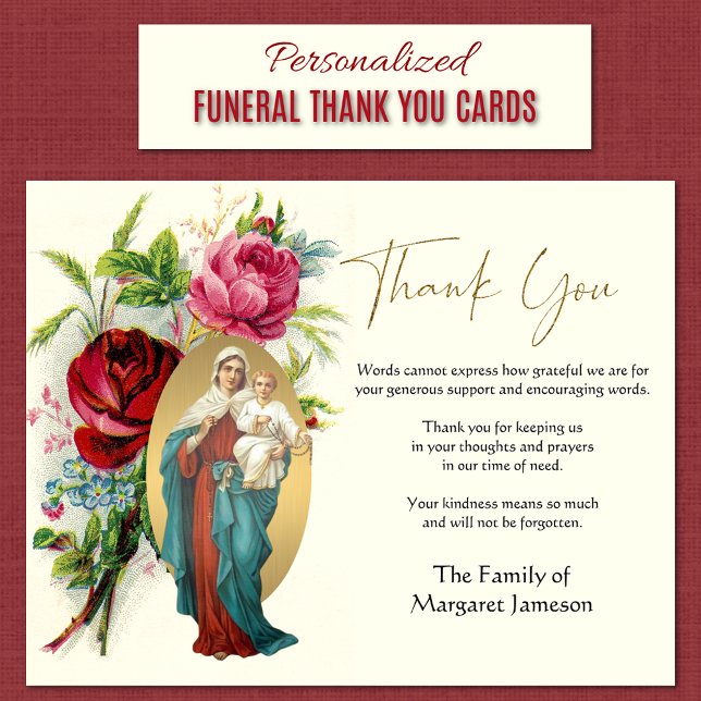 Religious Catholic Mary Jesus Condolence Thank You (Personalized Queen of the Rosary with Jesus Funeral Sympathy Thank You Cards)