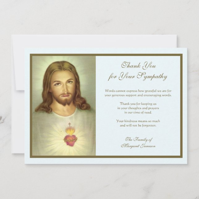Religious Catholic Sacred Heart Jesus  Condolence  Thank You Card (Front)