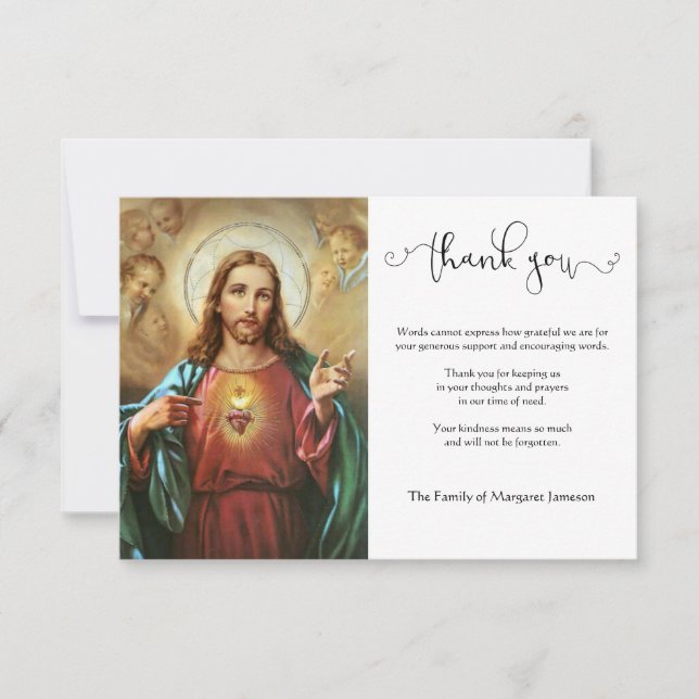 Religious Catholic Sacred Heart Jesus  Condolence Thank You Card (Front)
