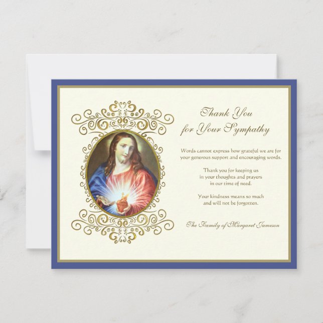 Religious Catholic Sacred Heart Jesus Funeral  Thank You Card (Front)