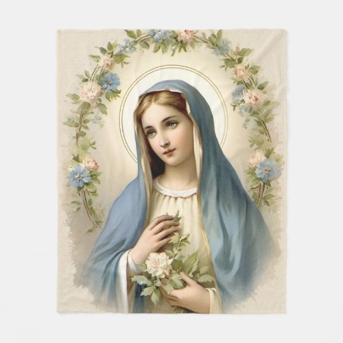Religious Catholic Virgin Mary Floral Fleece Blanket