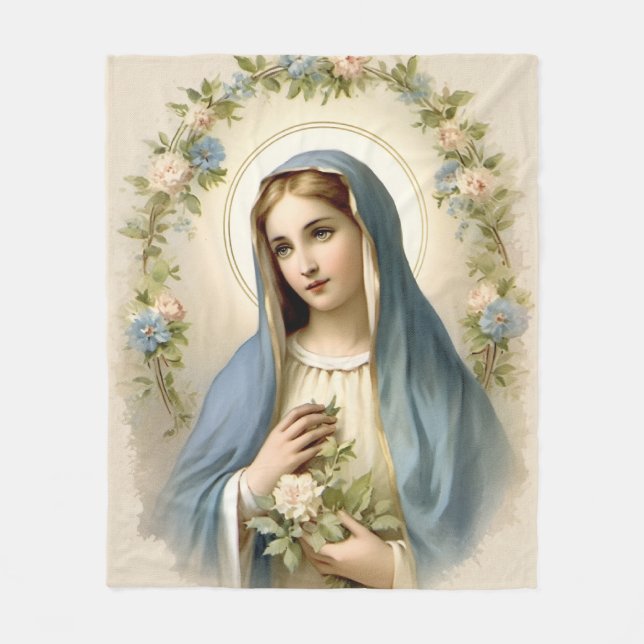 Religious Catholic Virgin Mary Floral Fleece Blanket (Front)