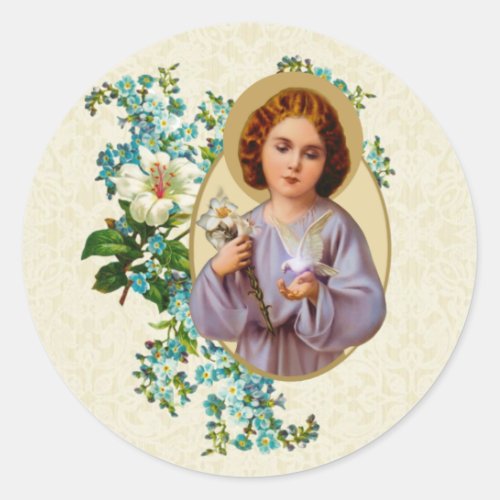 Religious Child Jesus Dove Flowers Classic Round Sticker