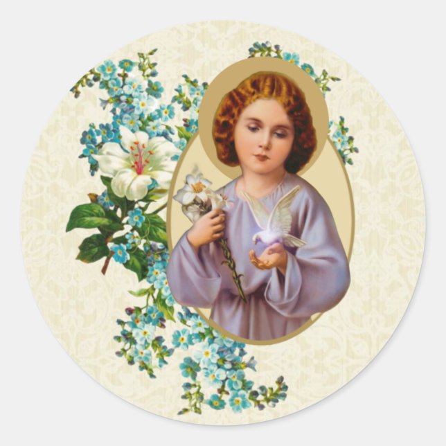 Religious Child Jesus Dove Flowers Classic Round Sticker (Front)