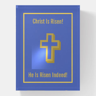 Religious Christ is Risen Gold Cross Blue Easter Paperweight