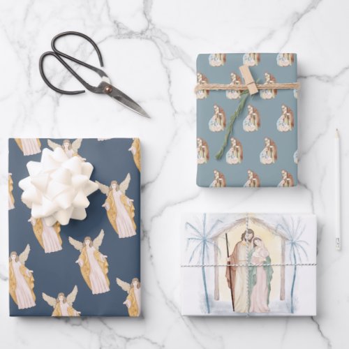 Religious Christian Angel Mary  Joseph Christmas Wrapping Paper Sheets