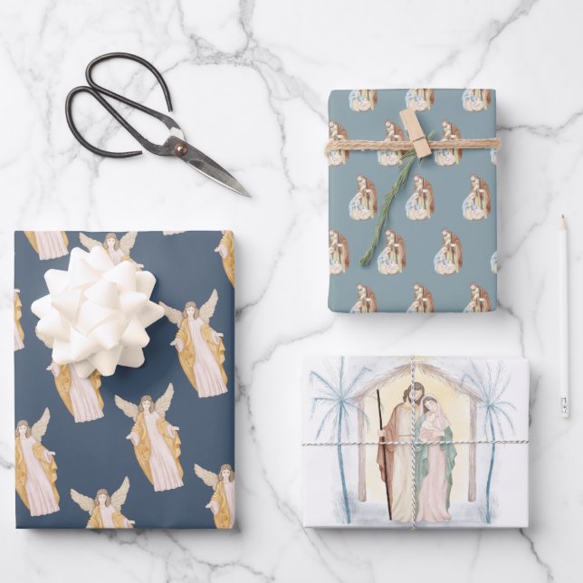 Religious Christian Angel Mary & Joseph Christmas Wrapping Paper Sheets (Front)