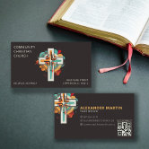 Church Pastor Modern QR code Custom Logo Navy Business Card