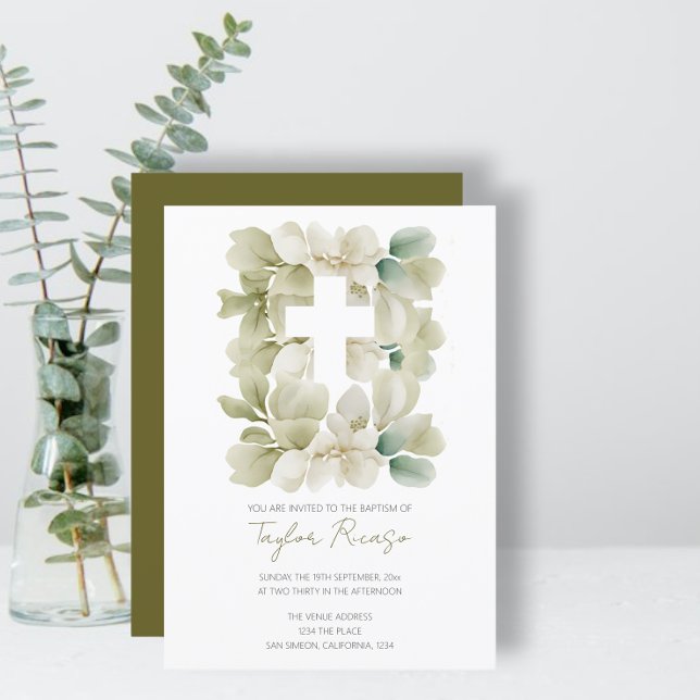Religious Christian Cross Green Foliage Baptism Invitation (Religious Christian Cross Green Foliage Baptism Invitations from Ricaso. Religious Themed invites)