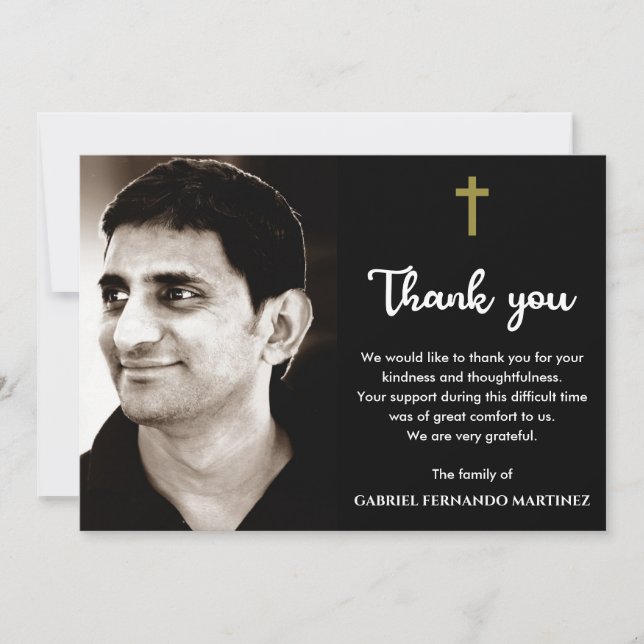 Religious Christian Cross Memorial Funeral Photo Thank You Card (Front)