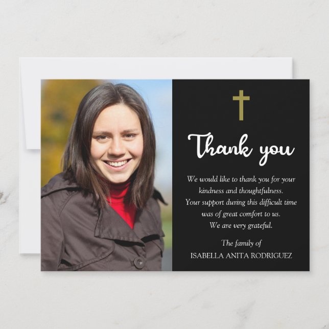 Religious Christian Cross Photo Memorial Funeral Thank You Card (Front)