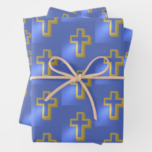 Religious Christian Golden Cross Lilac Blue Easter Wrapping Paper Sheets