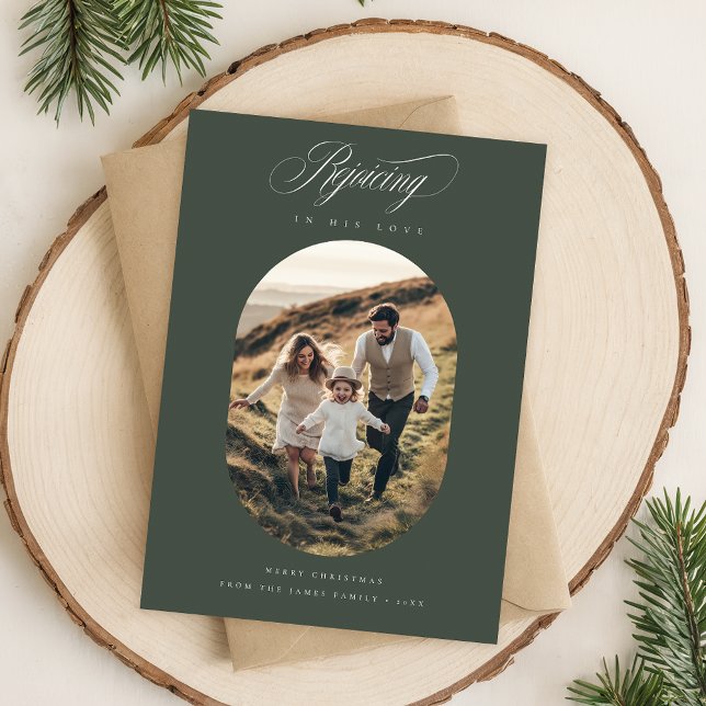 Religious Christian Green Oval Photo Family Holiday Card (Creator Uploaded)