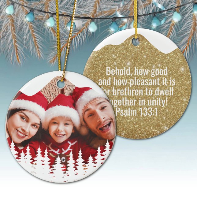 Religious Christian Scripture Divine Passage ⛪️ 🎄 Ceramic Ornament (Custom image God Gospel Psalm 133:1 Religious Holiday Ceramic Devotional Ornament golden sparkle 🌲✞)