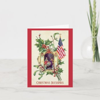 Religious Christmas American Flag Vintage Holiday Card by ShowerOfRoses at Zazzle