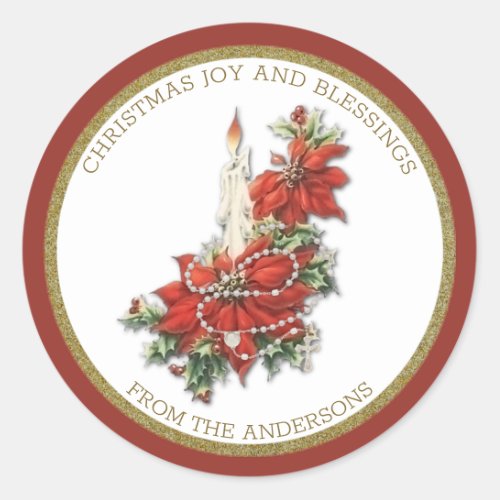 Religious Christmas Candle w Poinsettias Rosary Classic Round Sticker