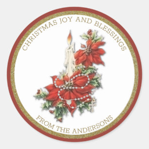 Religious Christmas Candle w/ Poinsettias Rosary Classic Round Sticker