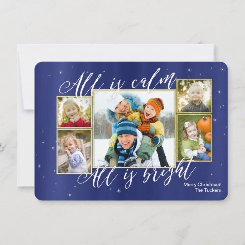 Religious Christmas Collage Photo Card Blue Gold Holiday Card