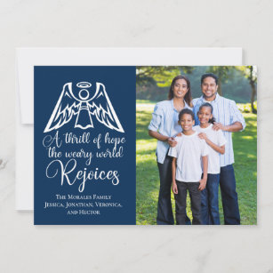 Religious Christmas Family Photo Rejoice Navy Blue Holiday Card