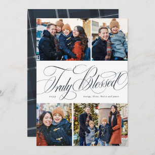 Religious Christmas four photo elegant navy Holiday Card