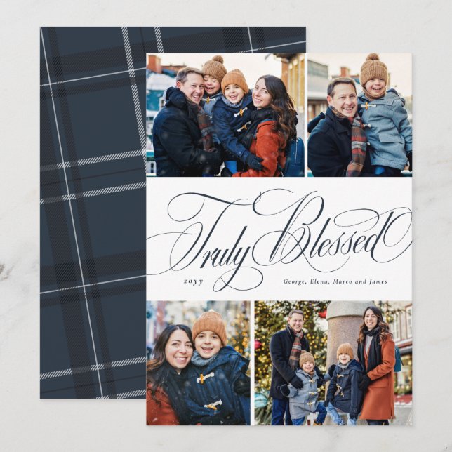 Religious Christmas four photo elegant navy Holiday Card (Front/Back)
