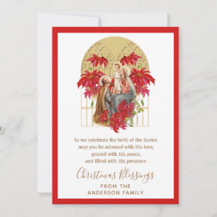 Religious Christmas Holy Family Poinsettia Holiday Card