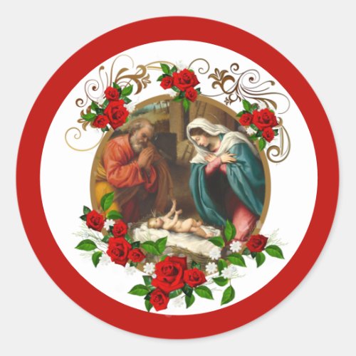 Religious Christmas Jesus Mary Joseph Red Roses Classic Round Sticker