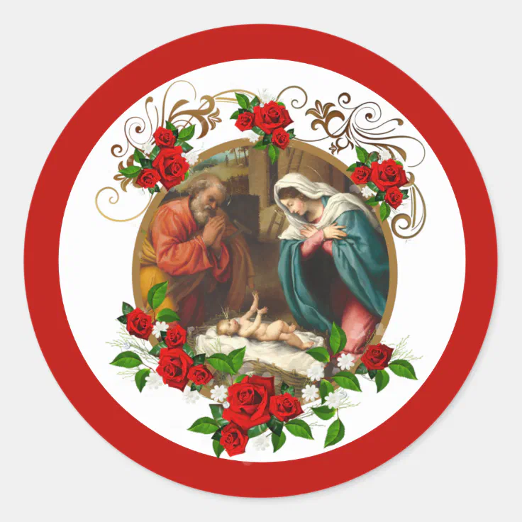 Religious Christmas Jesus Mary Joseph Red Roses Classic Round Sticker |  Zazzle