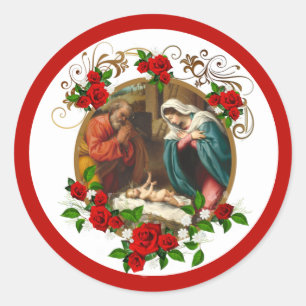 Religious Christmas Jesus Mary Joseph Red Roses Classic Round Sticker