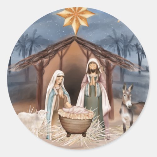 Religious Christmas Jesus Mary Joseph Watercolor Classic Round Sticker
