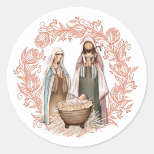 Religious Christmas Jesus Mary Joseph Watercolor  Classic Round Sticker