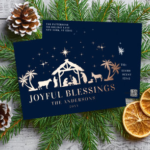 Religious Christmas Joyous Blessings Manger Holy Foil Holiday Postcard
